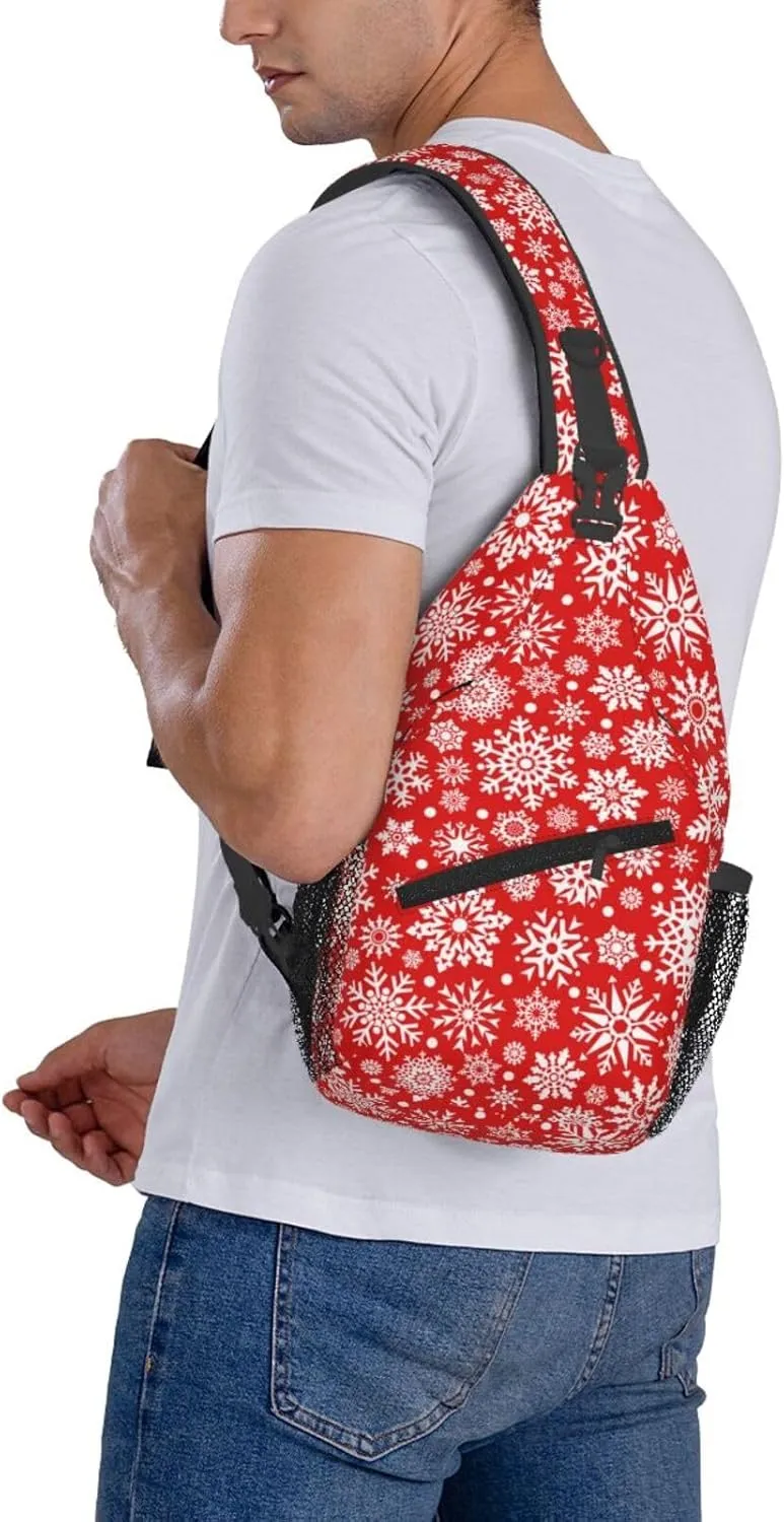 Snowflakes Christmas Red Cross Chest Bag Diagonally Hiking Crossbody Bag Travel Shoulder Daypack Lightweight Sling Backpack Cycling Daypacks Fitness Chest Backpacks