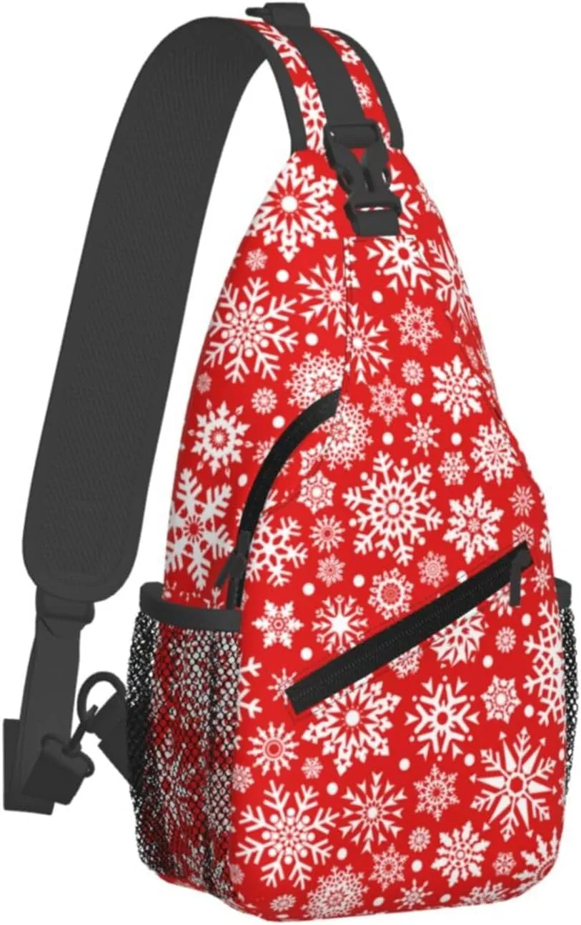 Snowflakes Christmas Red Cross Chest Bag Diagonally Hiking Crossbody Bag Travel Shoulder Daypack Lightweight Sling Backpack Cycling Daypacks Fitness Chest Backpacks