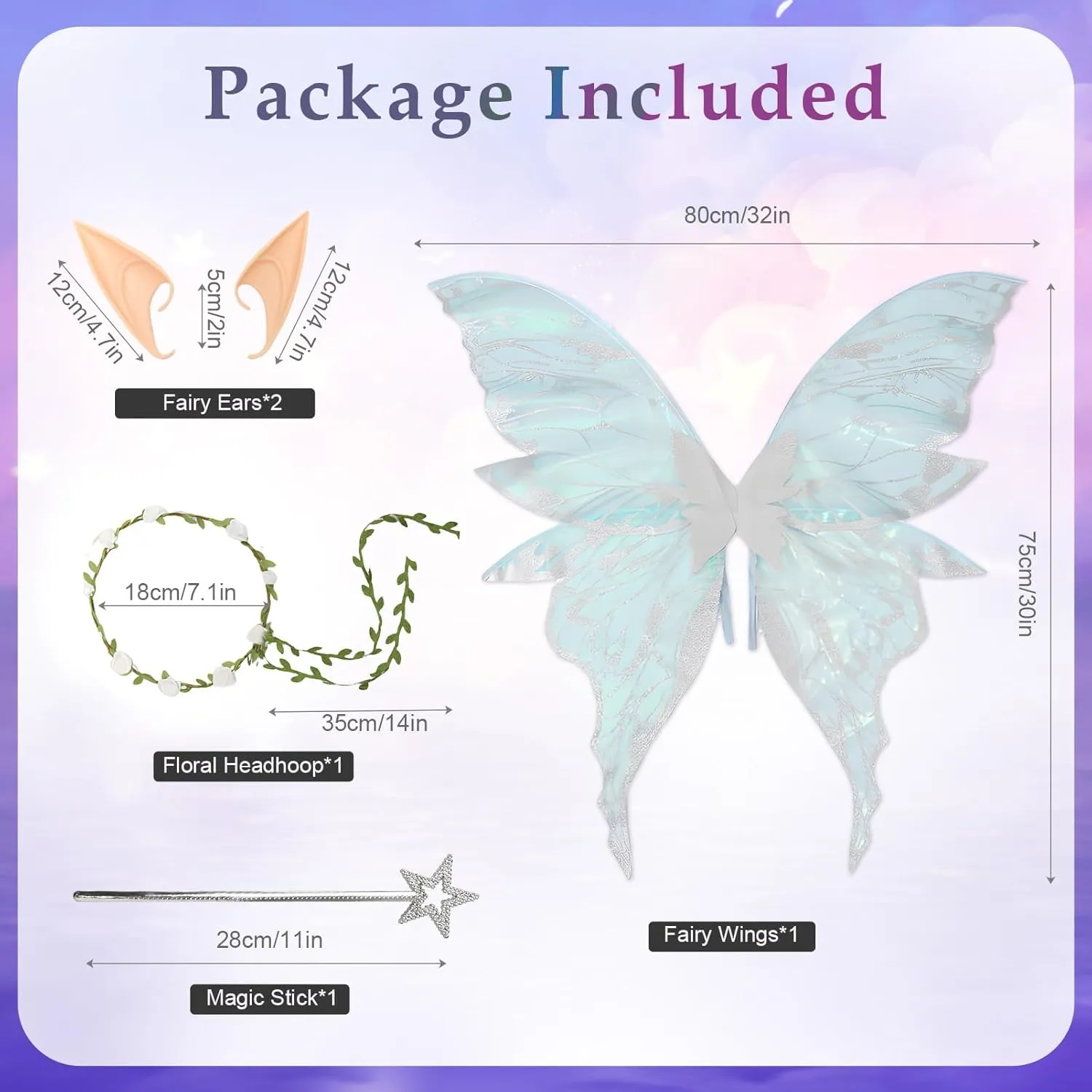 Snycler Fairy Wings for Adults and Girls, Fairy Costume Set with Floral Garland, Wand & Elf Ears Butterfly Wings