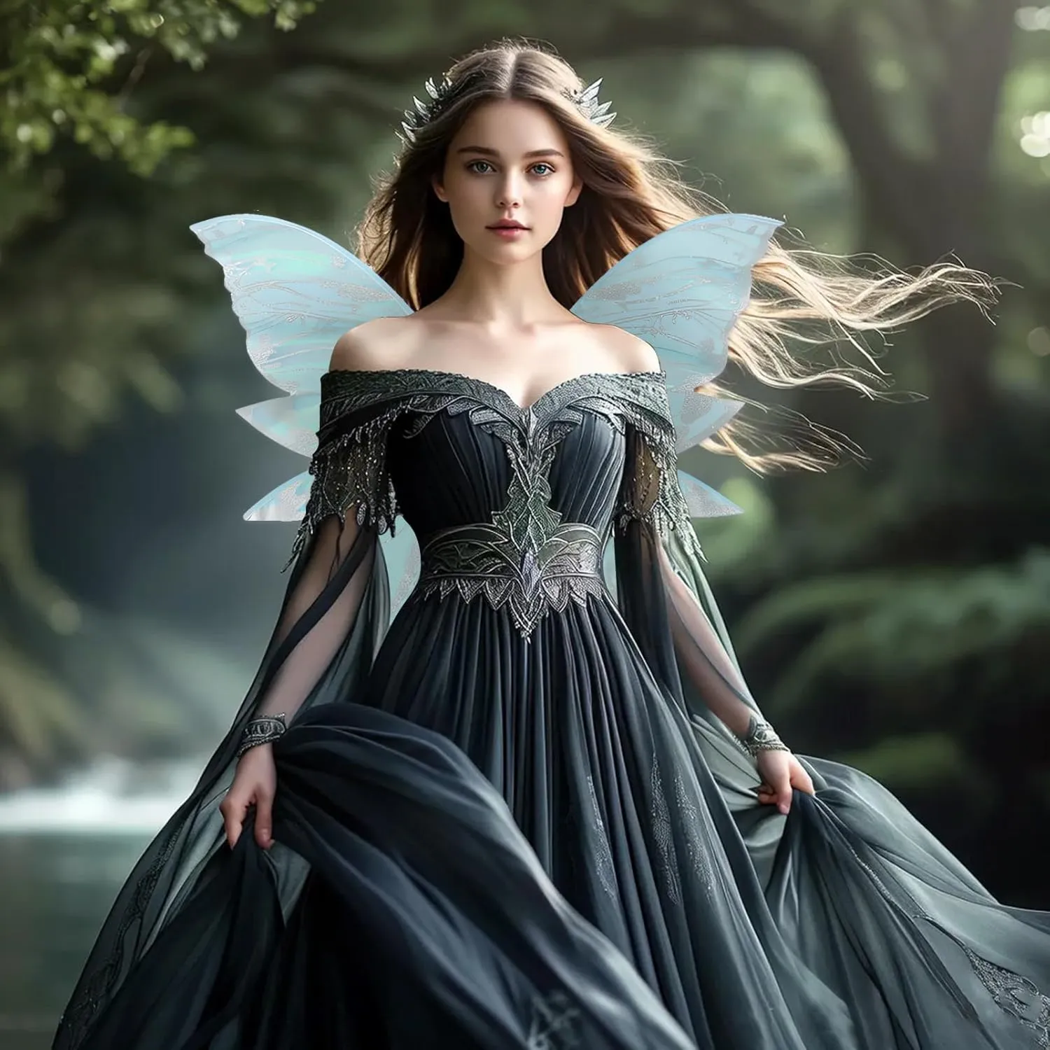Snycler Fairy Wings for Adults and Girls, Fairy Costume Set with Floral Garland, Wand & Elf Ears Butterfly Wings