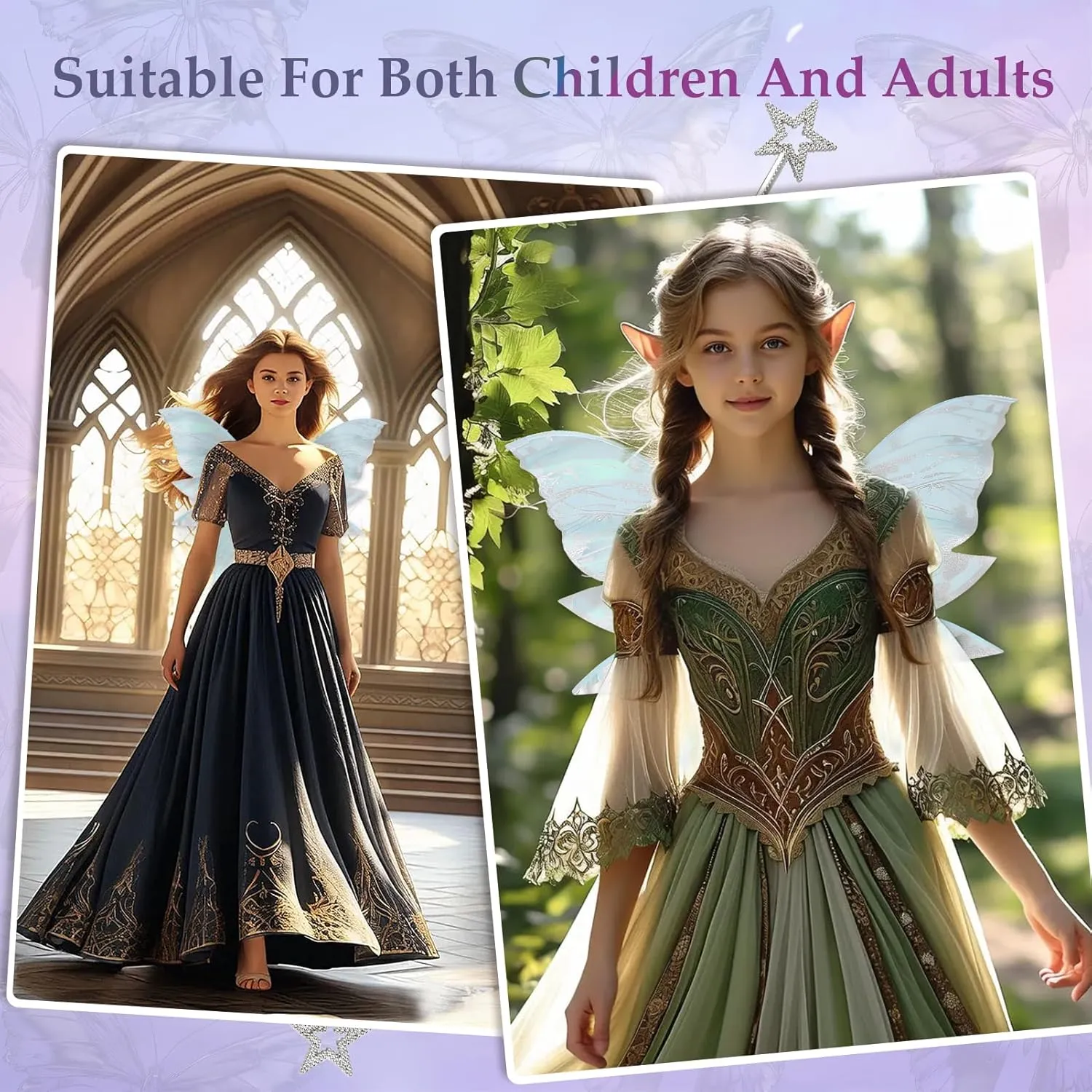 Snycler Fairy Wings for Adults and Girls, Fairy Costume Set with Floral Garland, Wand & Elf Ears Butterfly Wings
