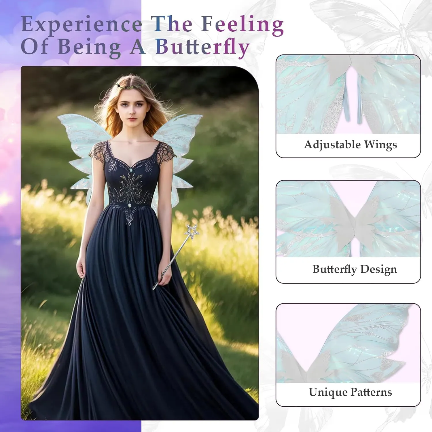 Snycler Fairy Wings for Adults and Girls, Fairy Costume Set with Floral Garland, Wand & Elf Ears Butterfly Wings