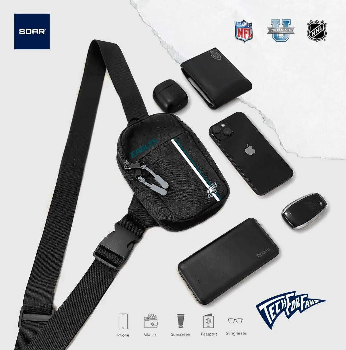 SOAR Unisex Crossbody Tech Adjustable Strap Travel Backpack Officially Licensed NFL, Mini Sling Bag