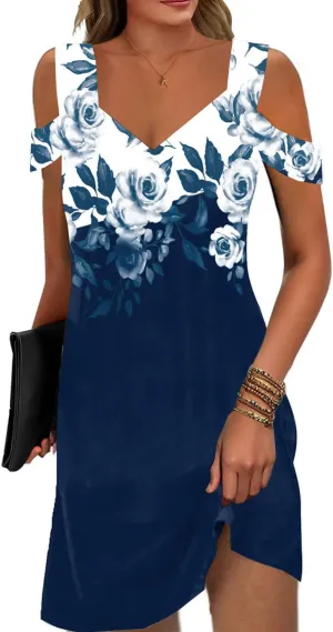 Soesdemo Womens Summer Dress Cold Shoulder V Neck Floral Printed 2025 Fashion Sundress with Pockets