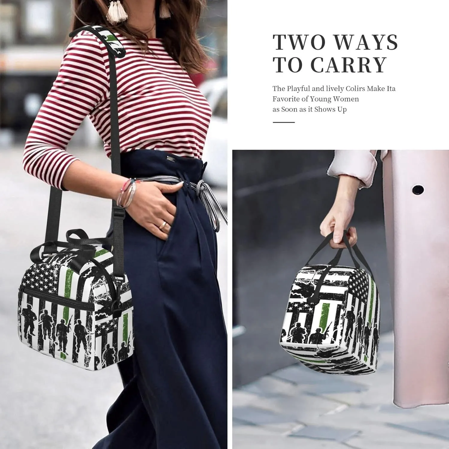 Soldiers American Flag Insulated Lunch Bag Sling Picnic Box Reusable Cooler Bag Portable Tote Bags Work Bento Thermal Container with Detachable Strap Carry Handle