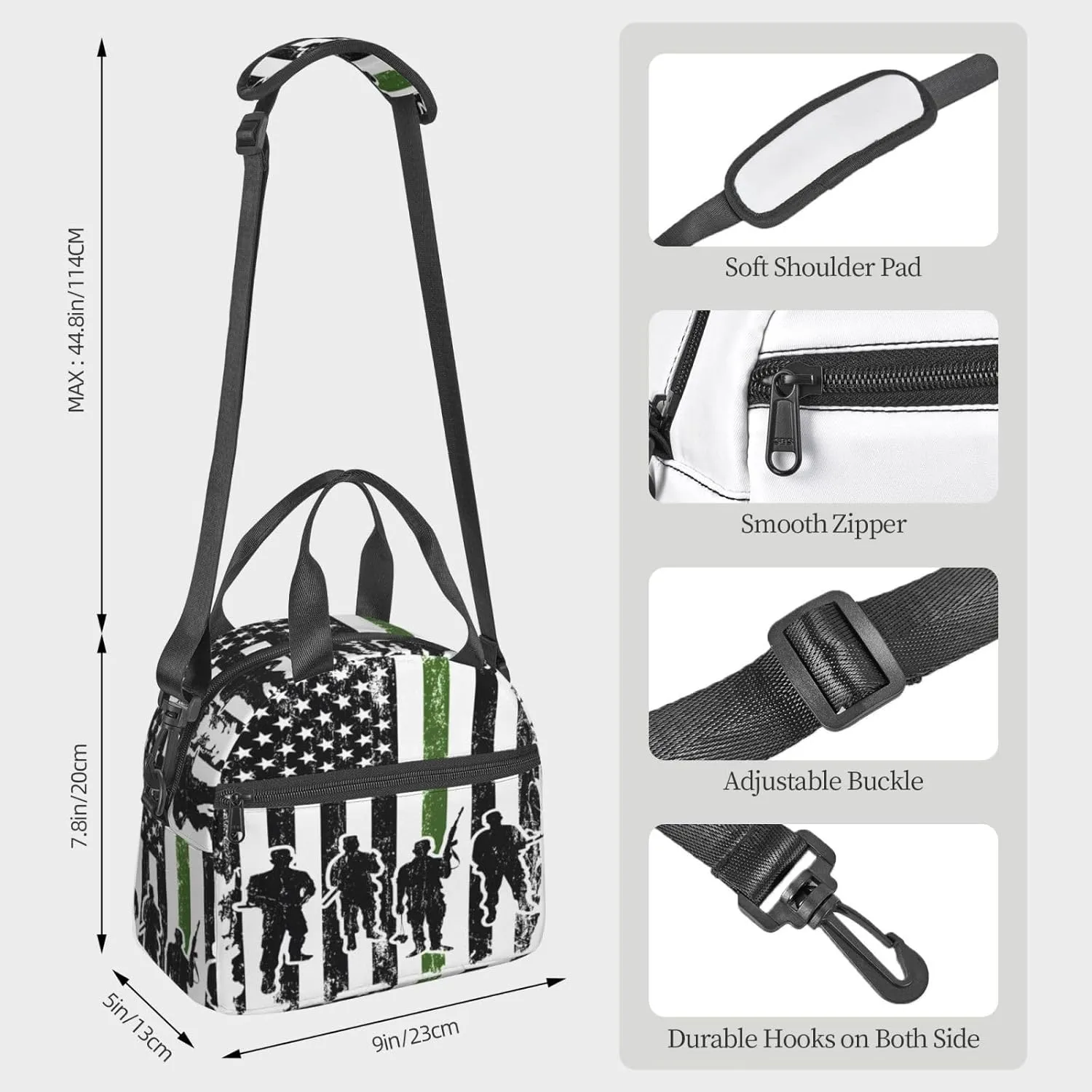 Soldiers American Flag Insulated Lunch Bag Sling Picnic Box Reusable Cooler Bag Portable Tote Bags Work Bento Thermal Container with Detachable Strap Carry Handle