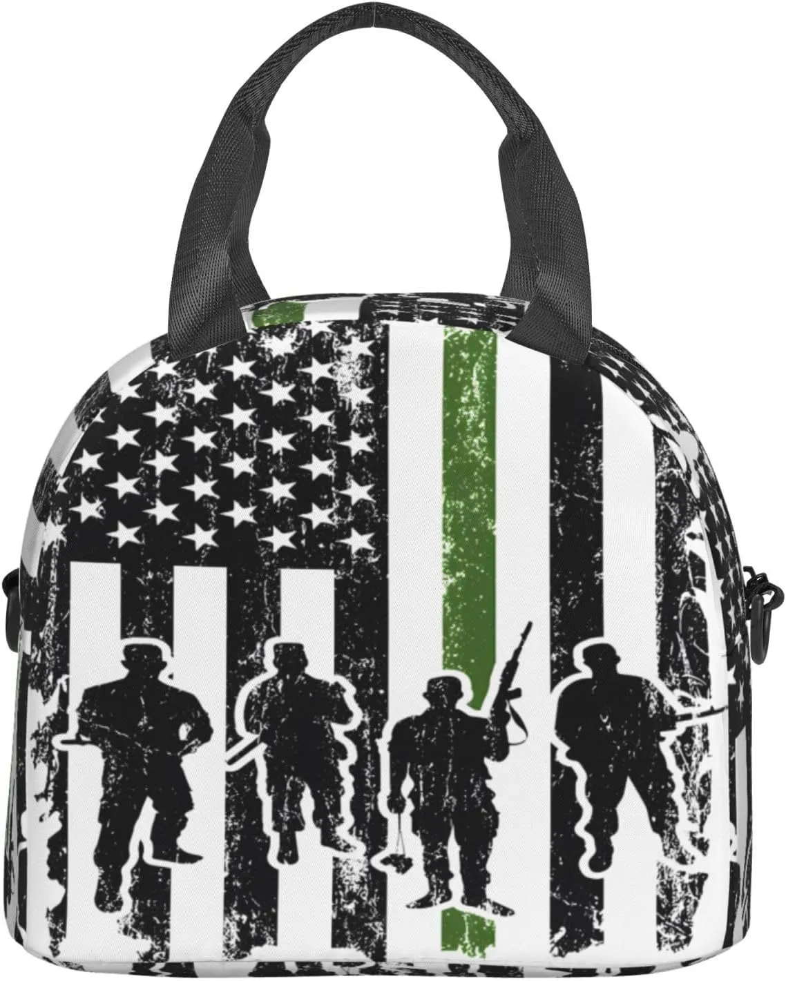 Soldiers American Flag Insulated Lunch Bag Sling Picnic Box Reusable Cooler Bag Portable Tote Bags Work Bento Thermal Container with Detachable Strap Carry Handle