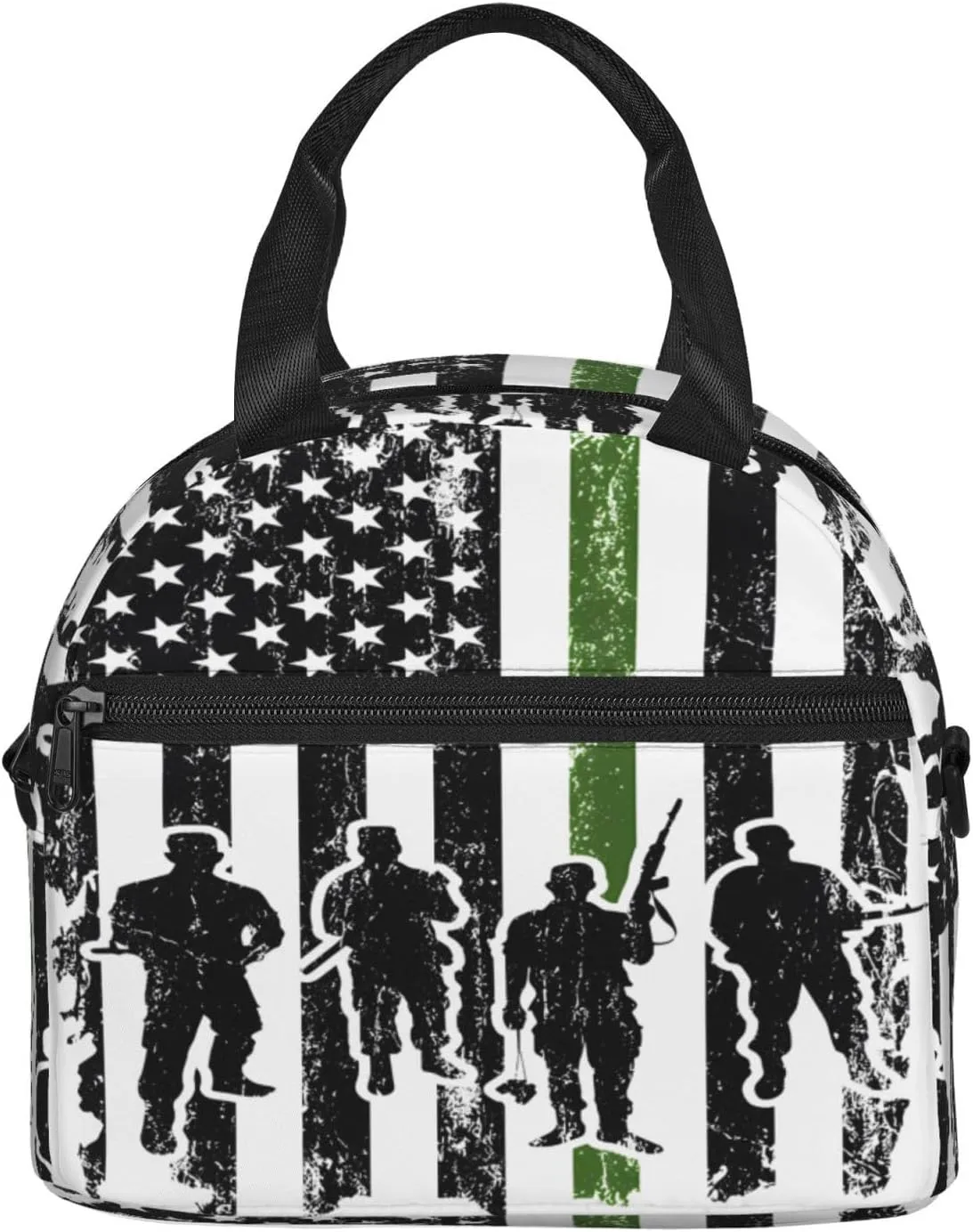 Soldiers American Flag Insulated Lunch Bag Sling Picnic Box Reusable Cooler Bag Portable Tote Bags Work Bento Thermal Container with Detachable Strap Carry Handle