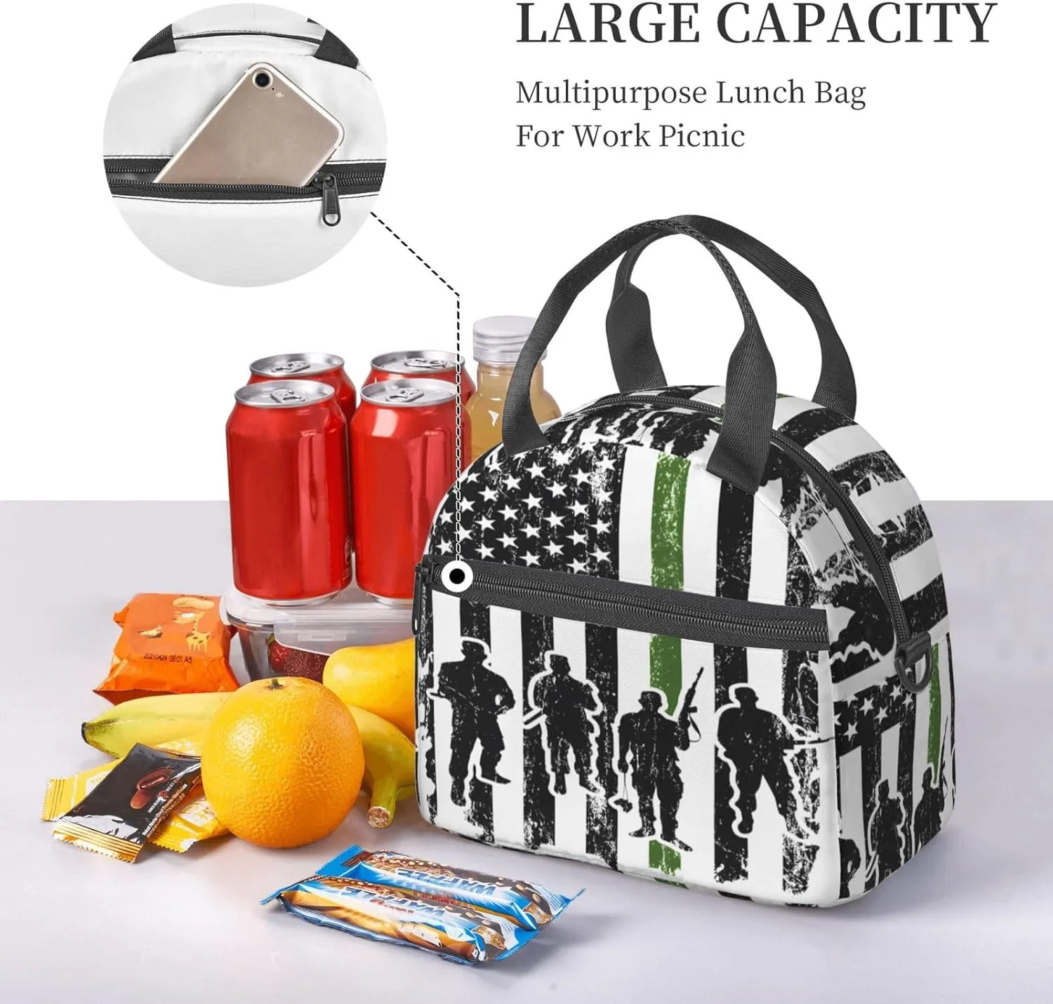 Soldiers American Flag Insulated Lunch Bag Sling Picnic Box Reusable Cooler Bag Portable Tote Bags Work Bento Thermal Container with Detachable Strap Carry Handle