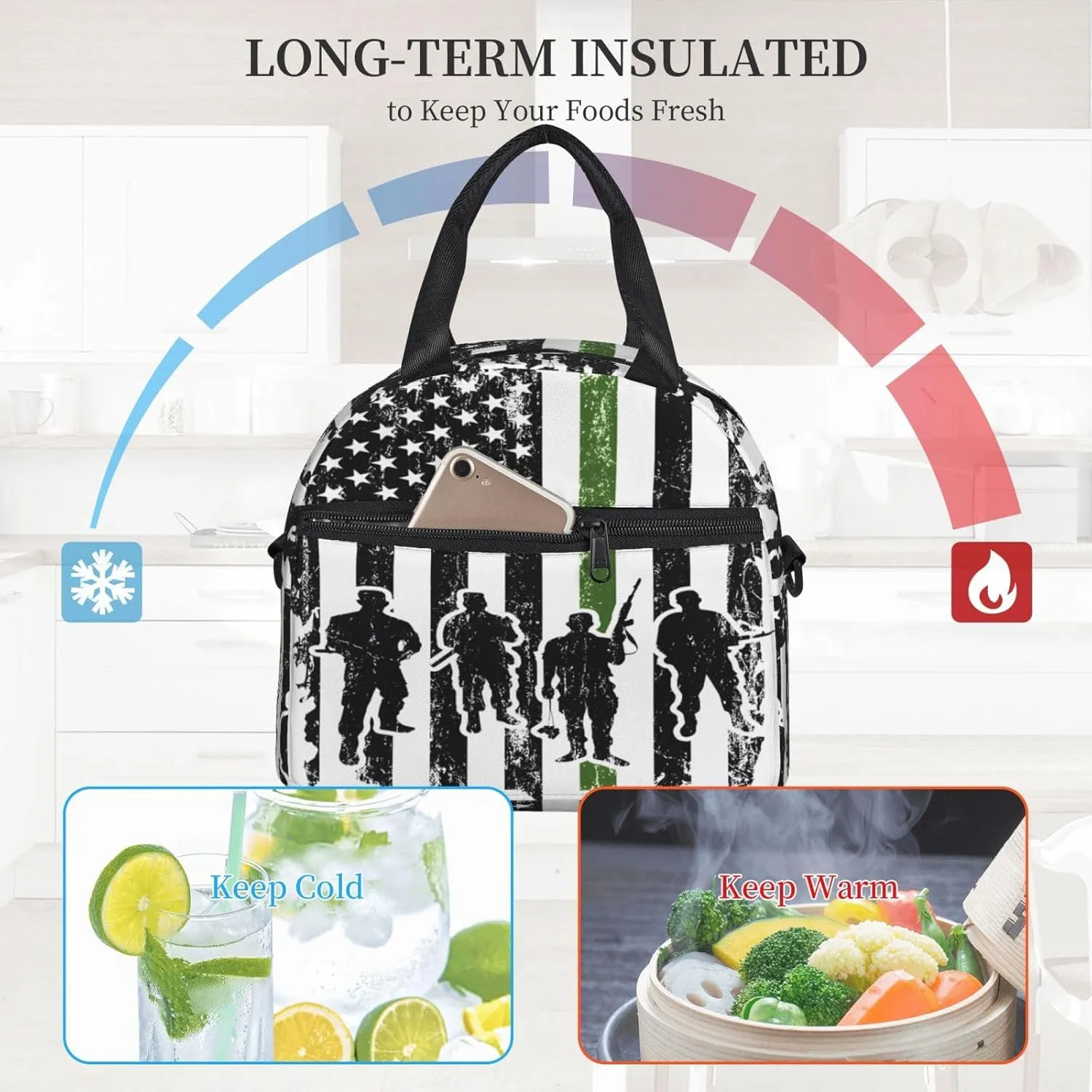 Soldiers American Flag Insulated Lunch Bag Sling Picnic Box Reusable Cooler Bag Portable Tote Bags Work Bento Thermal Container with Detachable Strap Carry Handle