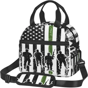 Soldiers American Flag Insulated Lunch Bag Sling Picnic Box Reusable Cooler Bag Portable Tote Bags Work Bento Thermal Container with Detachable Strap Carry Handle