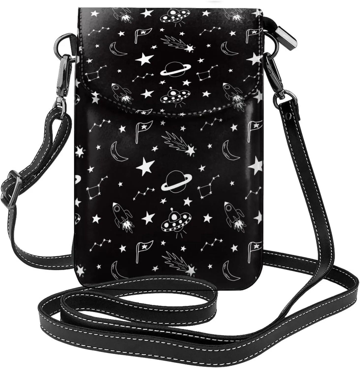 Space Flying Saucer Print Small Crossbody Bags for Women Leather Cell Phone Purses Mini Leather Shoulder Handbag Adjustable Strap