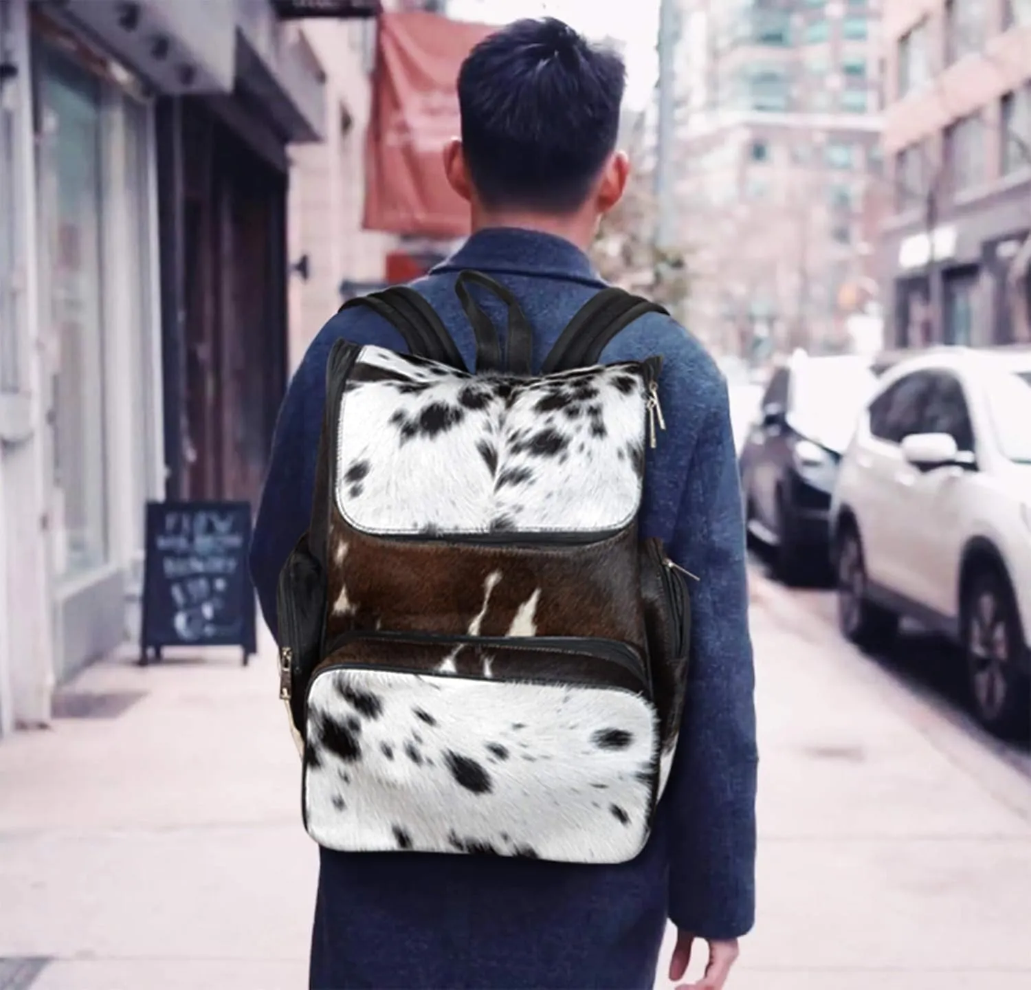 SpazeUp diaper bag - Cowhide Backpack Hair On Brown and White Knapsack Travel Shoulder Bag Dark Brown & White