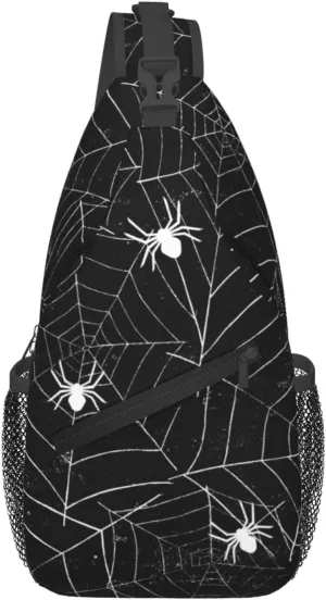 Spider Web Sling Bag for Women Men Seamless Spiderwebs Black and White Grunge Background Crossbody Chest Shoulder Bag Abstract Rough Urban Style Backpack Casual Gym Travel Hiking Daypack
