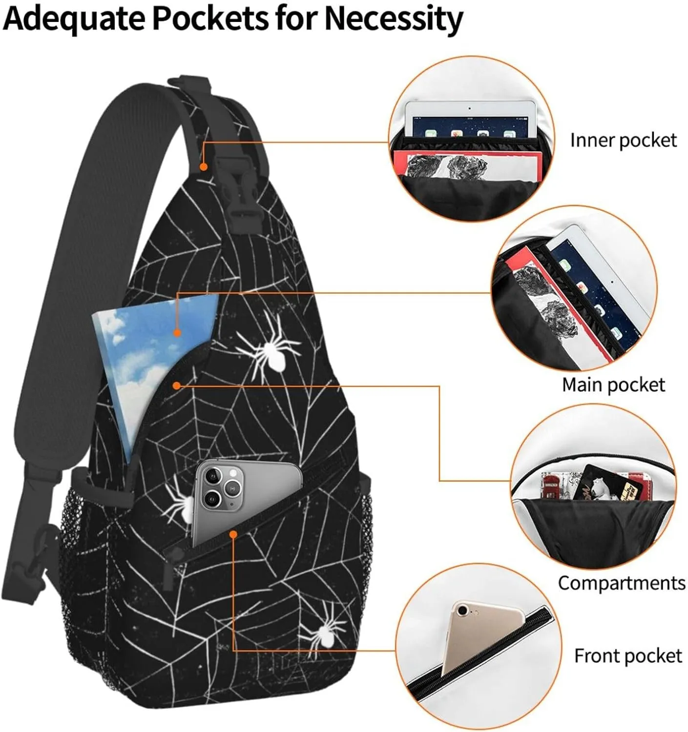 Spider Web Sling Bag for Women Men Seamless Spiderwebs Black and White Grunge Background Crossbody Chest Shoulder Bag Abstract Rough Urban Style Backpack Casual Gym Travel Hiking Daypack