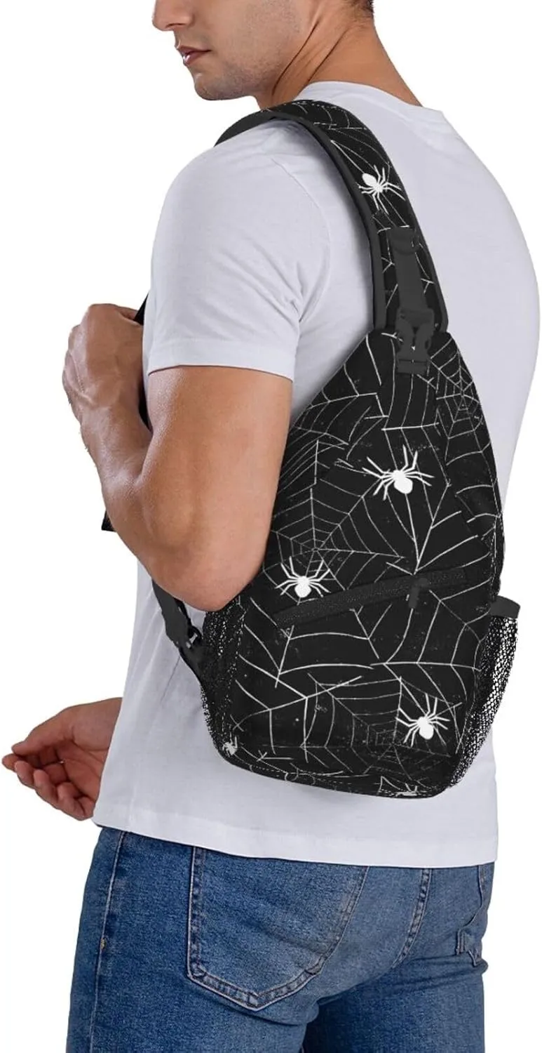 Spider Web Sling Bag for Women Men Seamless Spiderwebs Black and White Grunge Background Crossbody Chest Shoulder Bag Abstract Rough Urban Style Backpack Casual Gym Travel Hiking Daypack