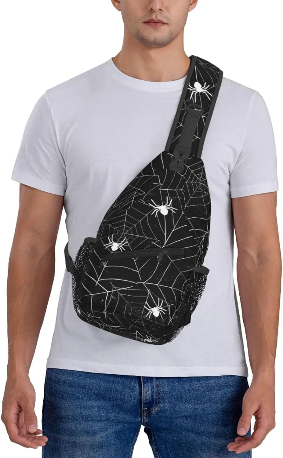 Spider Web Sling Bag for Women Men Seamless Spiderwebs Black and White Grunge Background Crossbody Chest Shoulder Bag Abstract Rough Urban Style Backpack Casual Gym Travel Hiking Daypack