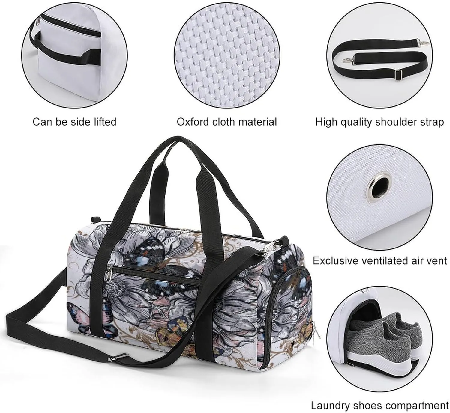 Sport Gym Duffel with Shoe Compartment Wet Pocket, Floral-pattern-design Shoulder Travel Bag for Women Men