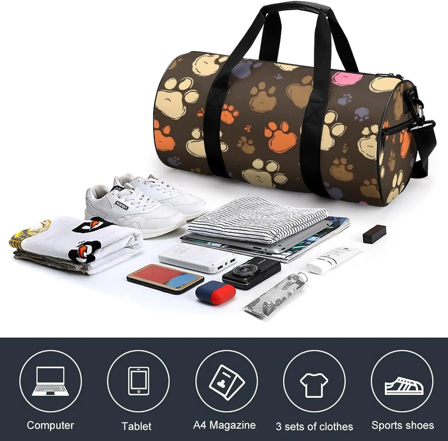 Sports Gym Bag for Women Men Travel Duffel Bag Tote Weekender Bag Dog Paws Print Carry on Overnight Bag for Travel Swimming Fitness Workout Sports Duffle Bag