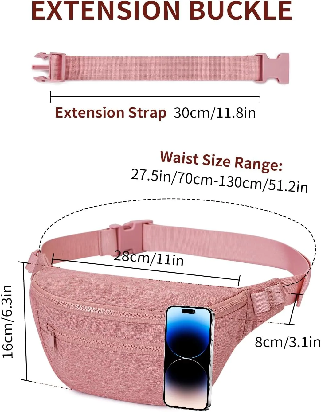 sportsnew Fanny Pack for Women Men,Waist Bag Pack with Extra Extension Belt, Water Resistant Fashion Crossbody Belt Bags for Travel Walking Running Hiking, Pink Patent Pending