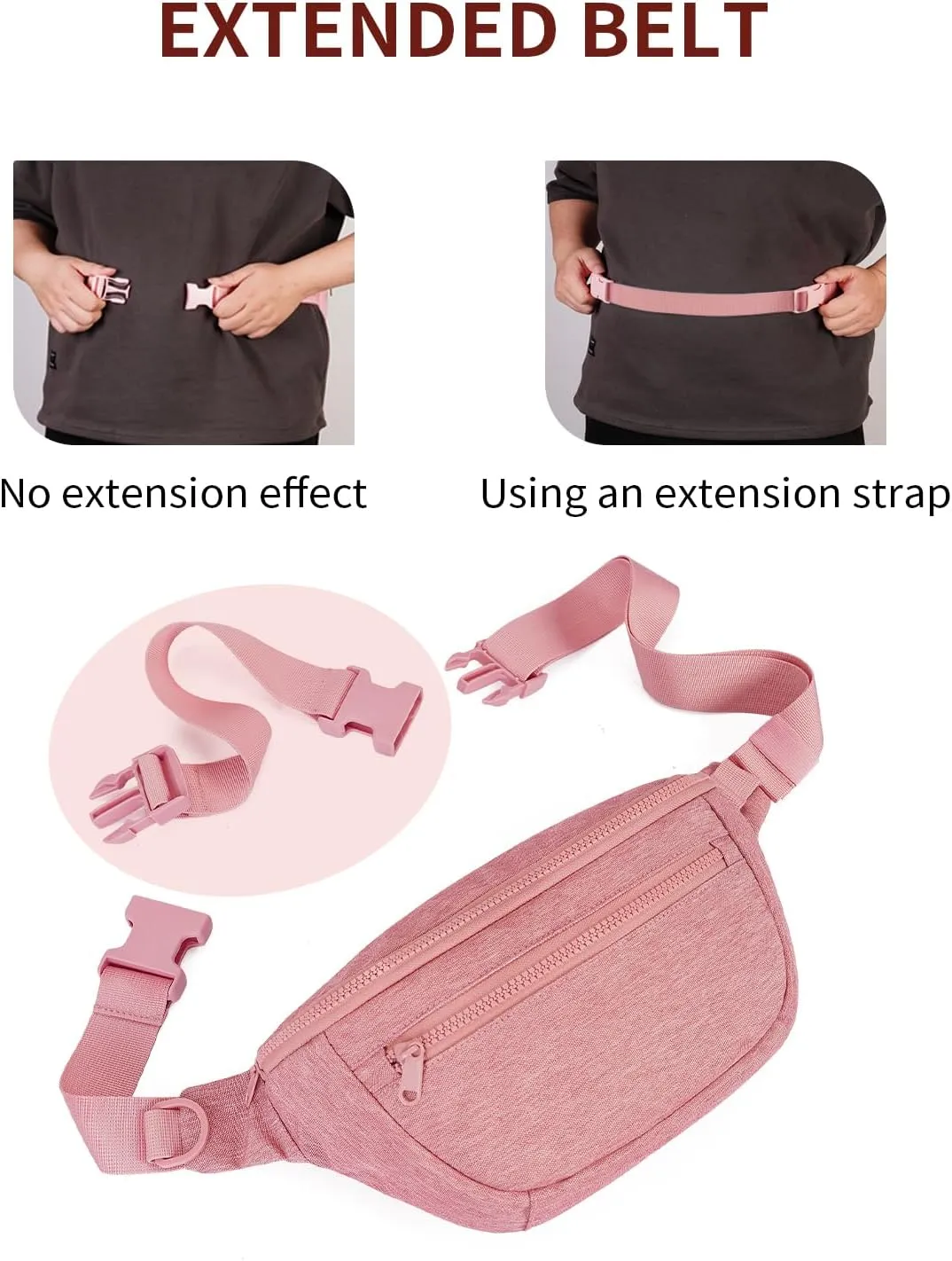 sportsnew Fanny Pack for Women Men,Waist Bag Pack with Extra Extension Belt, Water Resistant Fashion Crossbody Belt Bags for Travel Walking Running Hiking, Pink Patent Pending
