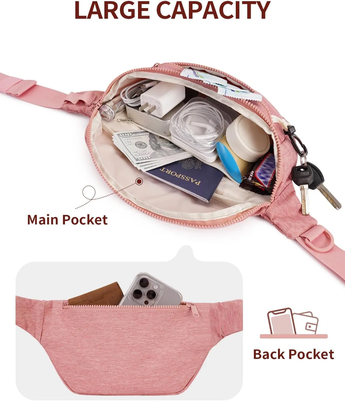 sportsnew Fanny Pack for Women Men,Waist Bag Pack with Extra Extension Belt, Water Resistant Fashion Crossbody Belt Bags for Travel Walking Running Hiking, Pink Patent Pending