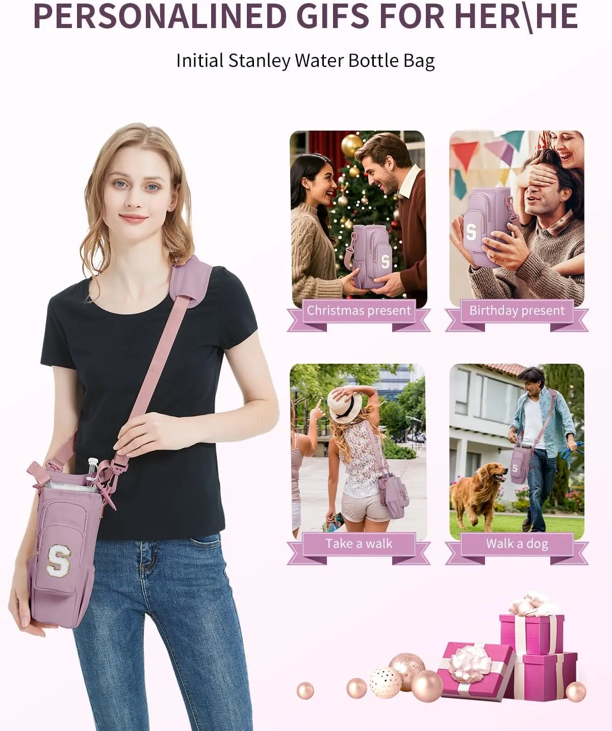sportsnew Gifts for Mom Water Bottle Carrier Bag for Stanley Brumate era 40 oz Tumbler with Phone Pocket Personalized Initial Water Bottle Holder with Strap & Straw Toppers Stanley Cup Accessories