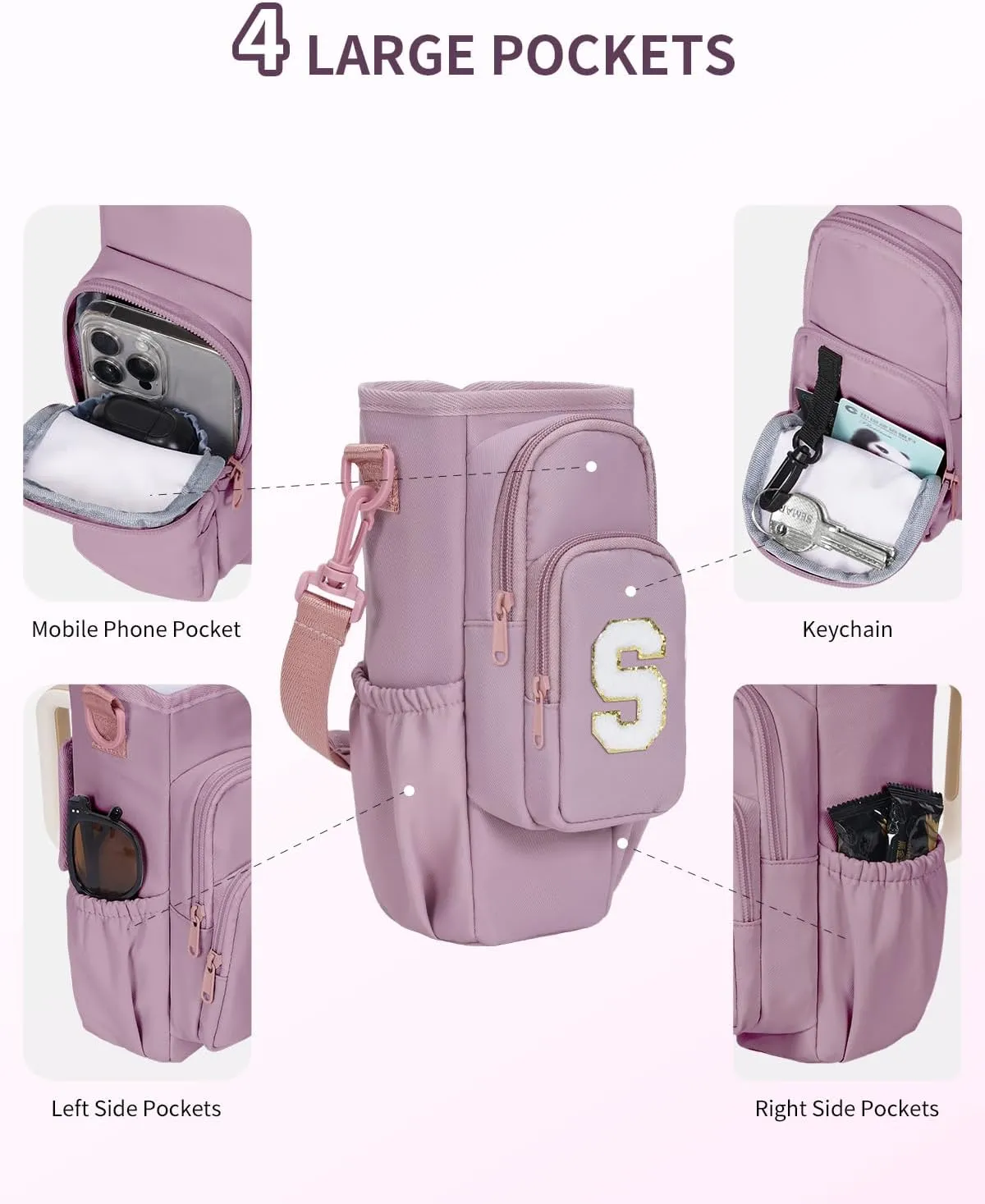 sportsnew Gifts for Mom Water Bottle Carrier Bag for Stanley Brumate era 40 oz Tumbler with Phone Pocket Personalized Initial Water Bottle Holder with Strap & Straw Toppers Stanley Cup Accessories