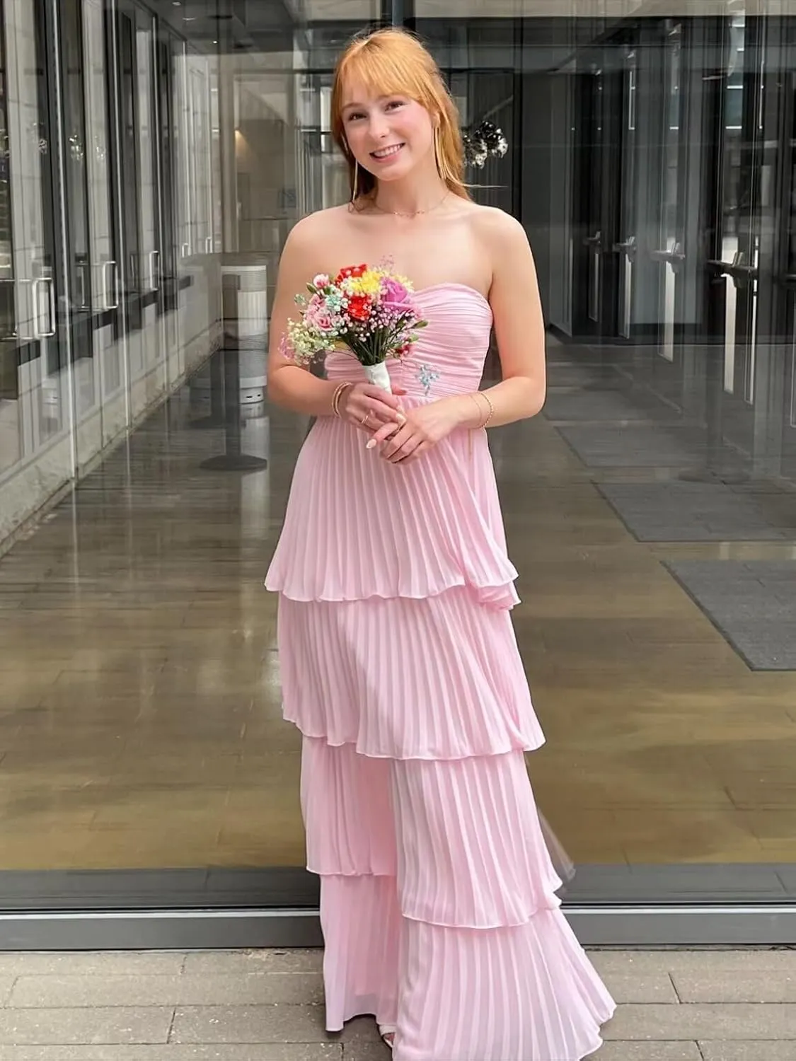 Strapless Ruffle Bridesmaid Dresses for Wedding Long Tiered Prom Dress Flowy Floral Chiffon Formal Evening Gowns