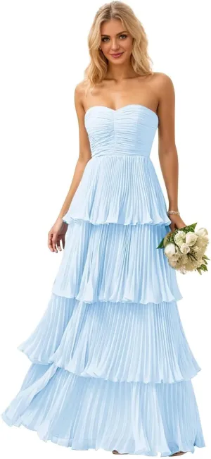 Strapless Ruffle Bridesmaid Dresses for Wedding Long Tiered Prom Dress Flowy Floral Chiffon Formal Evening Gowns