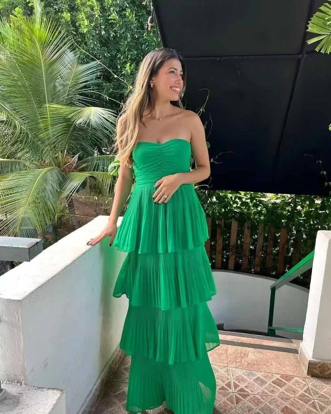 Strapless Ruffle Bridesmaid Dresses for Wedding Long Tiered Prom Dress Flowy Floral Chiffon Formal Evening Gowns