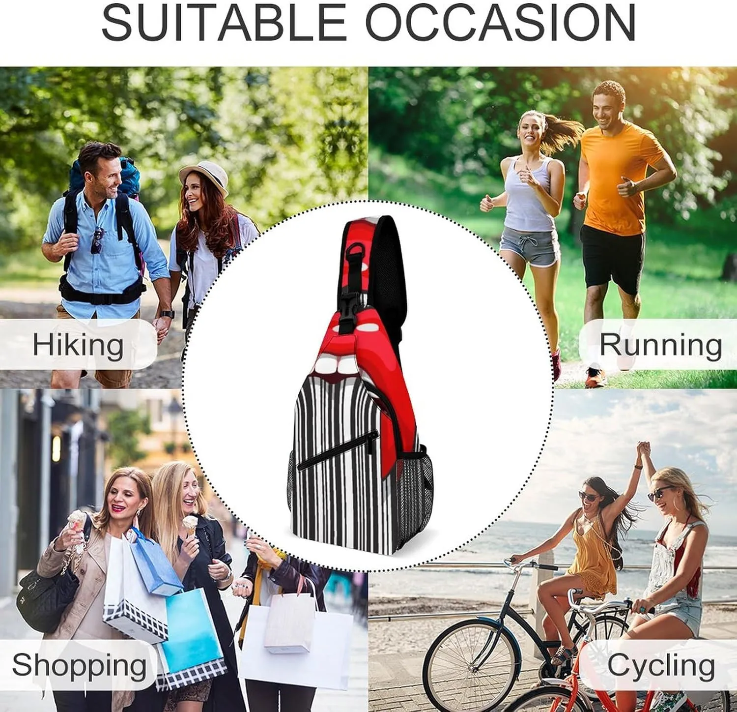Strip Mouth Tongue Crossbody Sling Backpack Funny Open Mouth Sling Bag Adjustable Travel Hiking Chest Bags Daypack