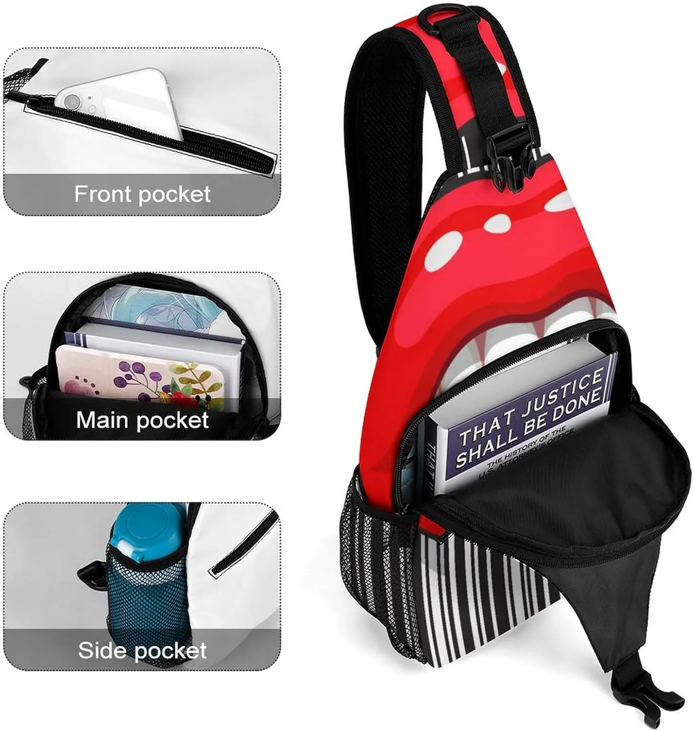 Strip Mouth Tongue Crossbody Sling Backpack Funny Open Mouth Sling Bag Adjustable Travel Hiking Chest Bags Daypack