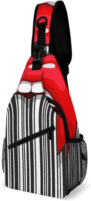 Strip Mouth Tongue Crossbody Sling Backpack Funny Open Mouth Sling Bag Adjustable Travel Hiking Chest Bags Daypack
