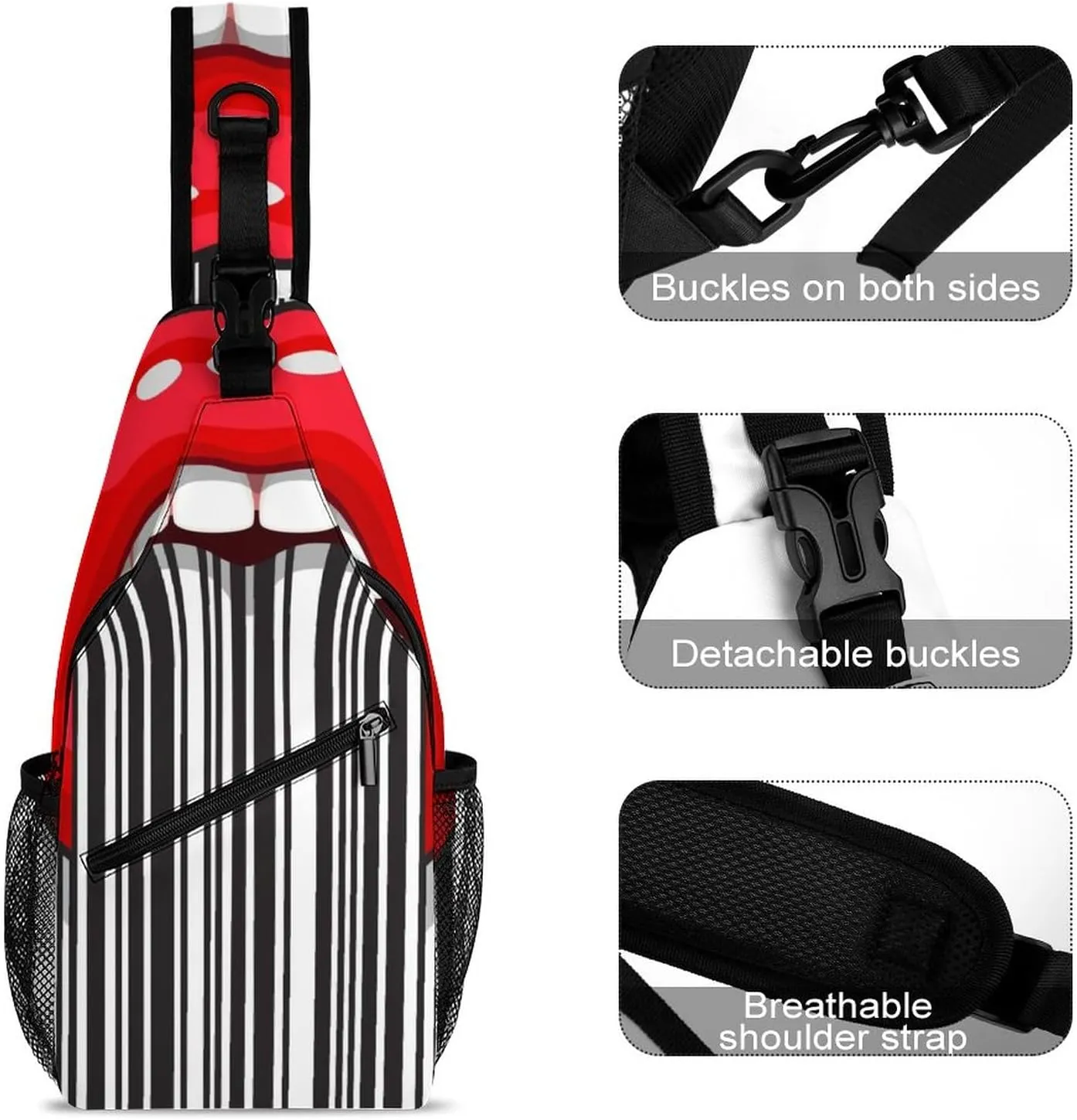 Strip Mouth Tongue Crossbody Sling Backpack Funny Open Mouth Sling Bag Adjustable Travel Hiking Chest Bags Daypack