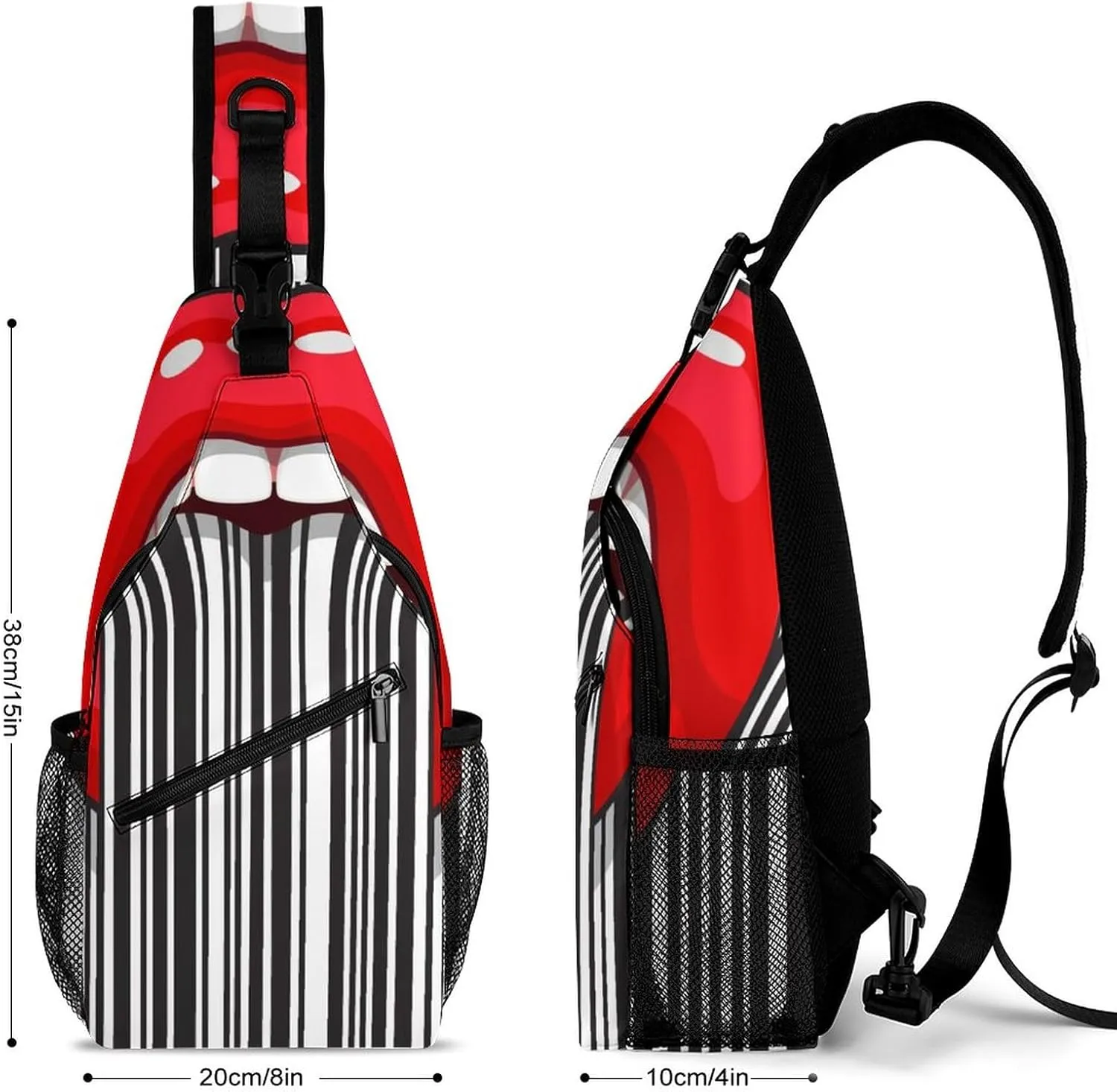 Strip Mouth Tongue Crossbody Sling Backpack Funny Open Mouth Sling Bag Adjustable Travel Hiking Chest Bags Daypack