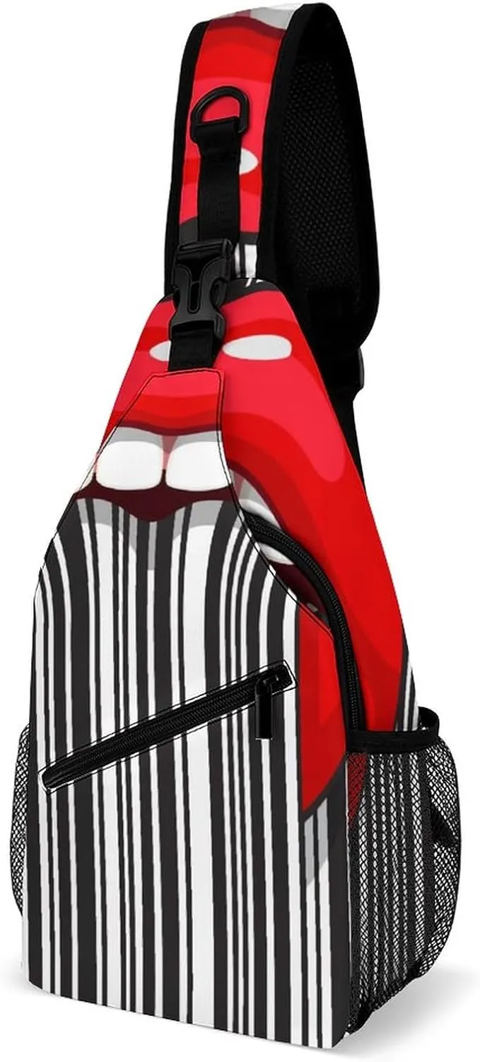 Strip Mouth Tongue Crossbody Sling Backpack Funny Open Mouth Sling Bag Adjustable Travel Hiking Chest Bags Daypack
