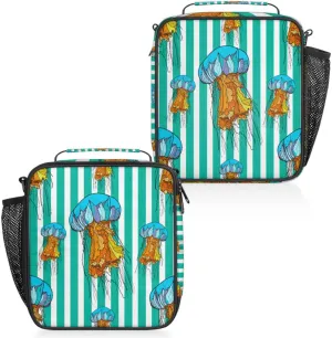 Striped Background Jellyfish Insulated Lunch Box, Reusable Cooler Tote Lunch Bags for Men Women, Portable Leakproof Square Meal Bag for Work Travel Picnic Hiking Daytrip