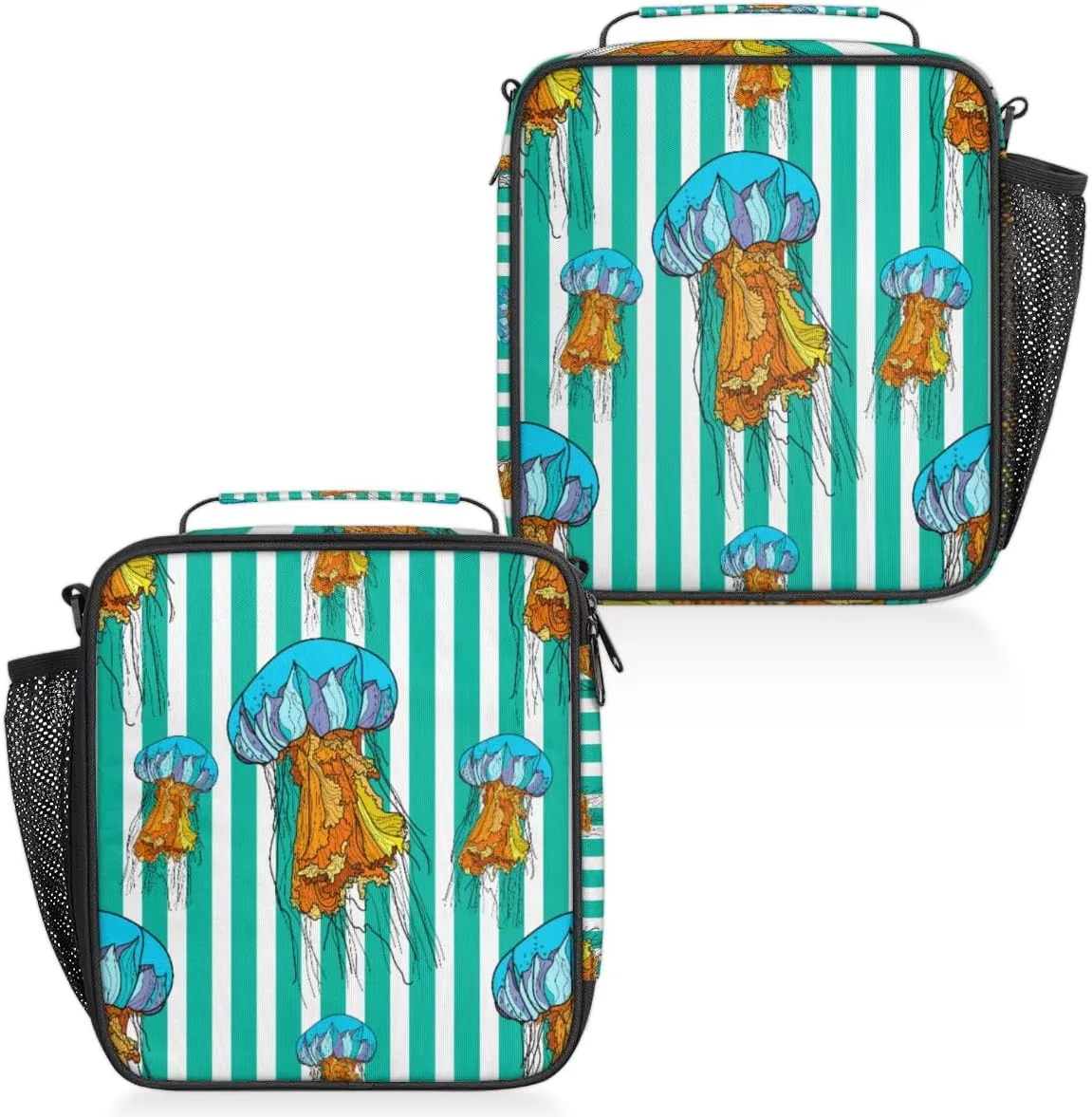 Striped Background Jellyfish Insulated Lunch Box, Reusable Cooler Tote Lunch Bags for Men Women, Portable Leakproof Square Meal Bag for Work Travel Picnic Hiking Daytrip
