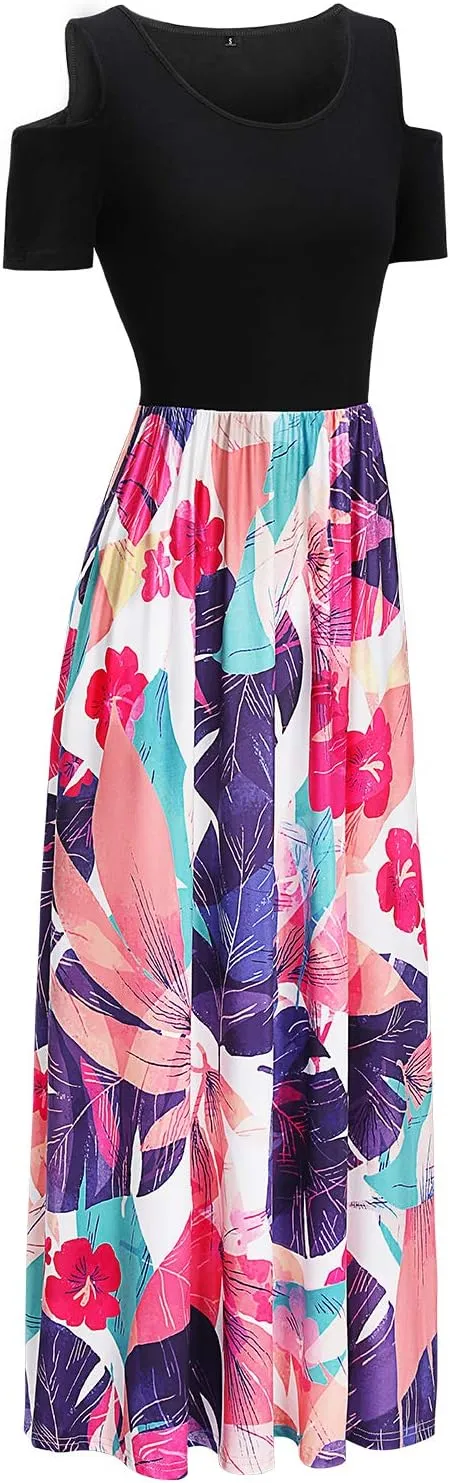 STYLEWORD Women's 2025 Summer Maxi Long Dresses Cold Shoulder Sundress with Pocket