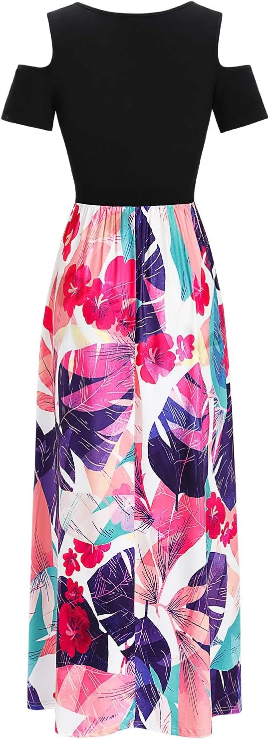 STYLEWORD Women's 2025 Summer Maxi Long Dresses Cold Shoulder Sundress with Pocket