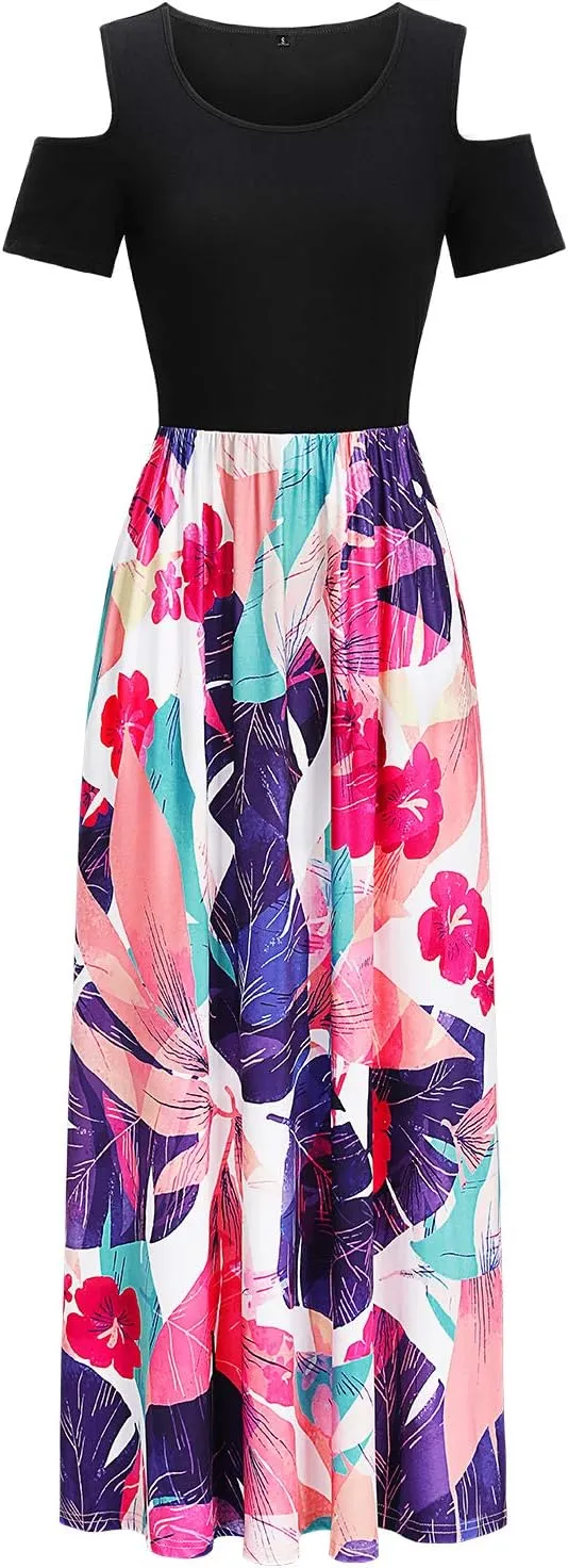 STYLEWORD Women's 2025 Summer Maxi Long Dresses Cold Shoulder Sundress with Pocket