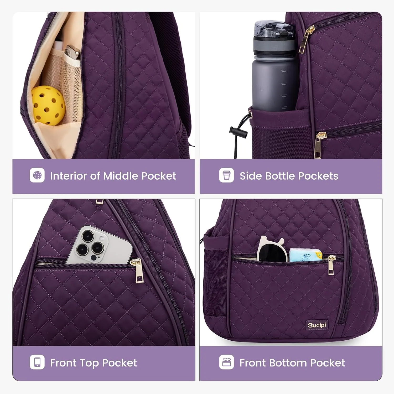 Sucipi Women's Pickleball Backpack - Quilted Crossbody Sling Bag for Tennis & Pickleball Paddle