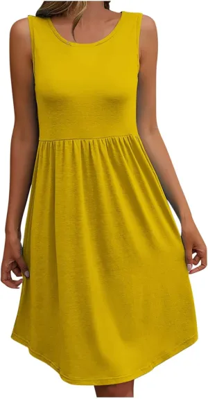 Summer Dress for Women Fashion Round Neck Loose Hem Sleeveless Casual Plus Size Comfy Dresses Working Vacation