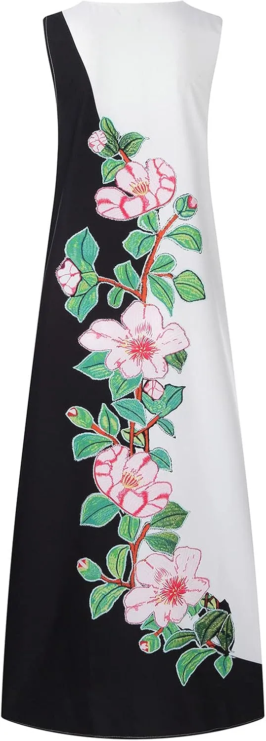 Summer Dresses for Women 2024 Sleeveless Flower Graphic Print Sundress Loose Casual Vintage Maxi Dress