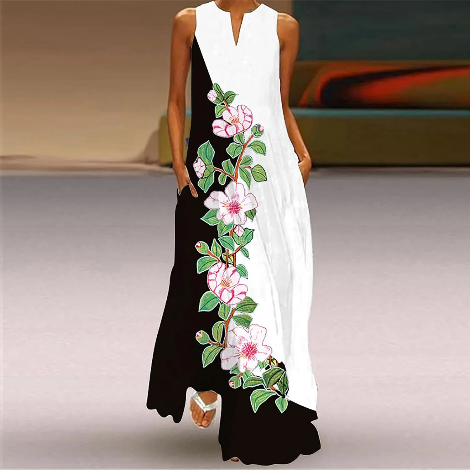Summer Dresses for Women 2024 Sleeveless Flower Graphic Print Sundress Loose Casual Vintage Maxi Dress