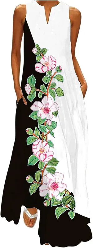 Summer Dresses for Women 2024 Sleeveless Flower Graphic Print Sundress Loose Casual Vintage Maxi Dress