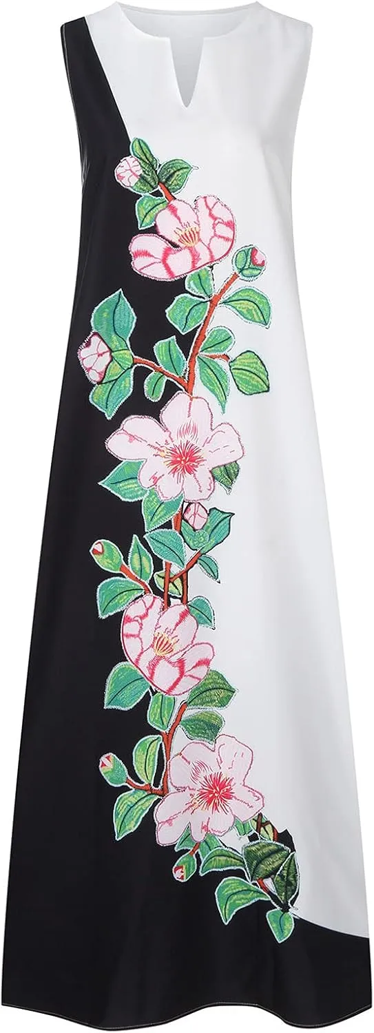 Summer Dresses for Women 2024 Sleeveless Flower Graphic Print Sundress Loose Casual Vintage Maxi Dress