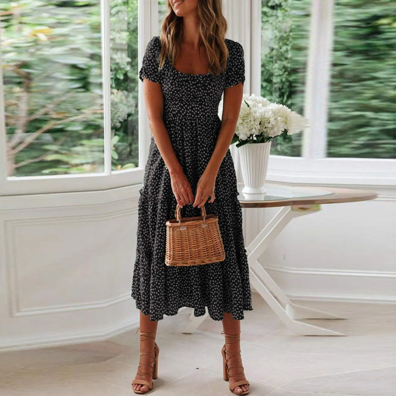 Summer Dresses for Women 2025 Polka Dot Chiffon Elegant Flowy Summer Dress Loose Tiered A Line Boho Beach Sundress