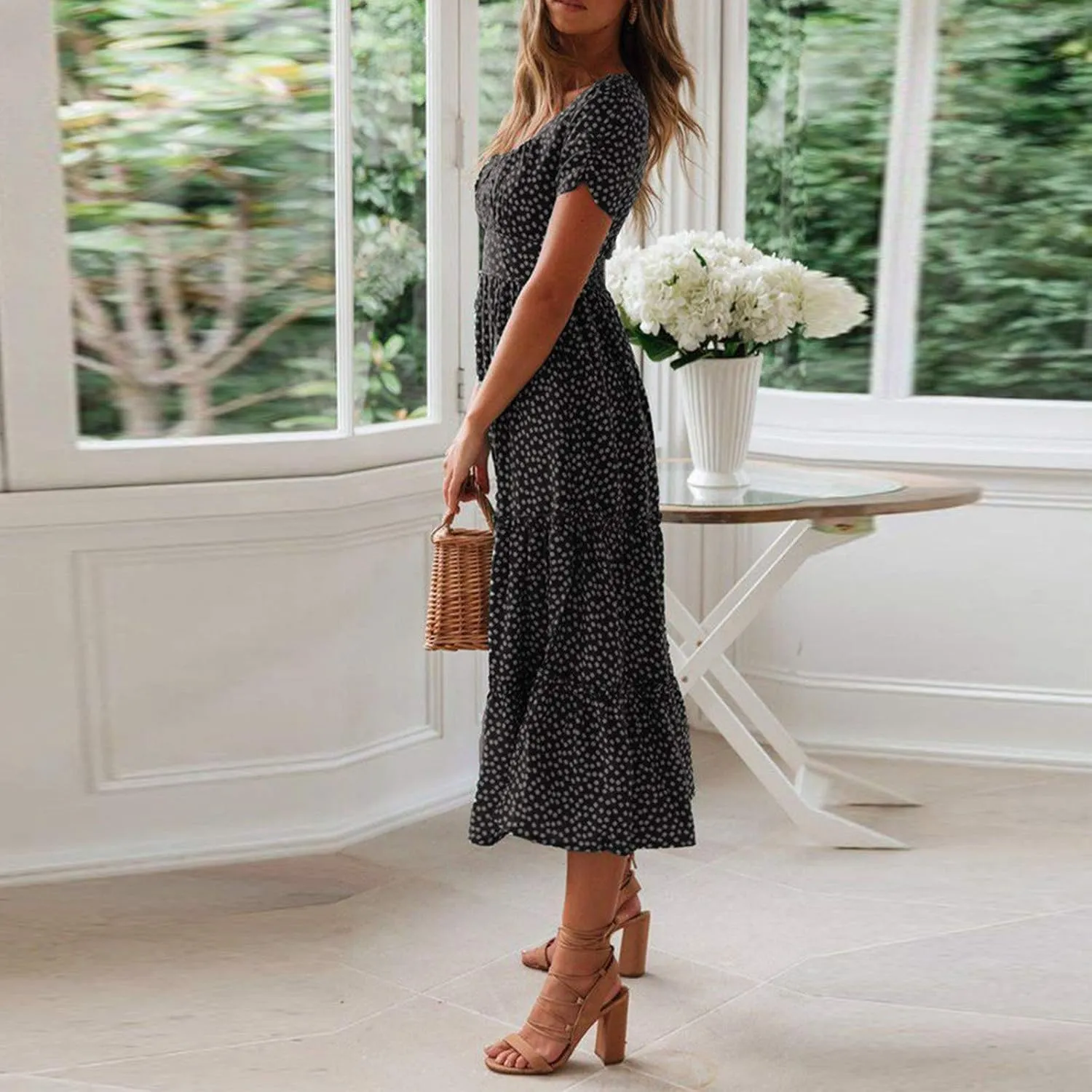 Summer Dresses for Women 2025 Polka Dot Chiffon Elegant Flowy Summer Dress Loose Tiered A Line Boho Beach Sundress